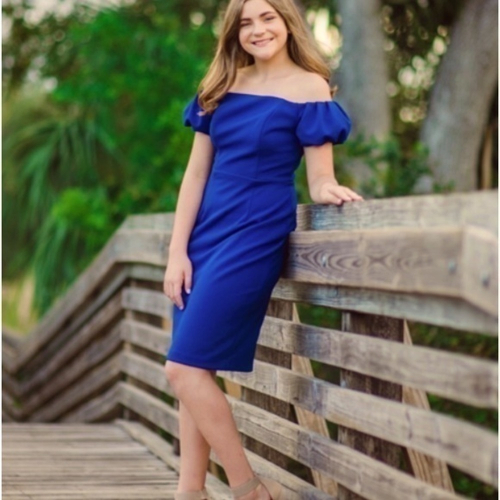 Betsy & Adam fitted above knee dress violet blue puff sleeves off shoulder 4P